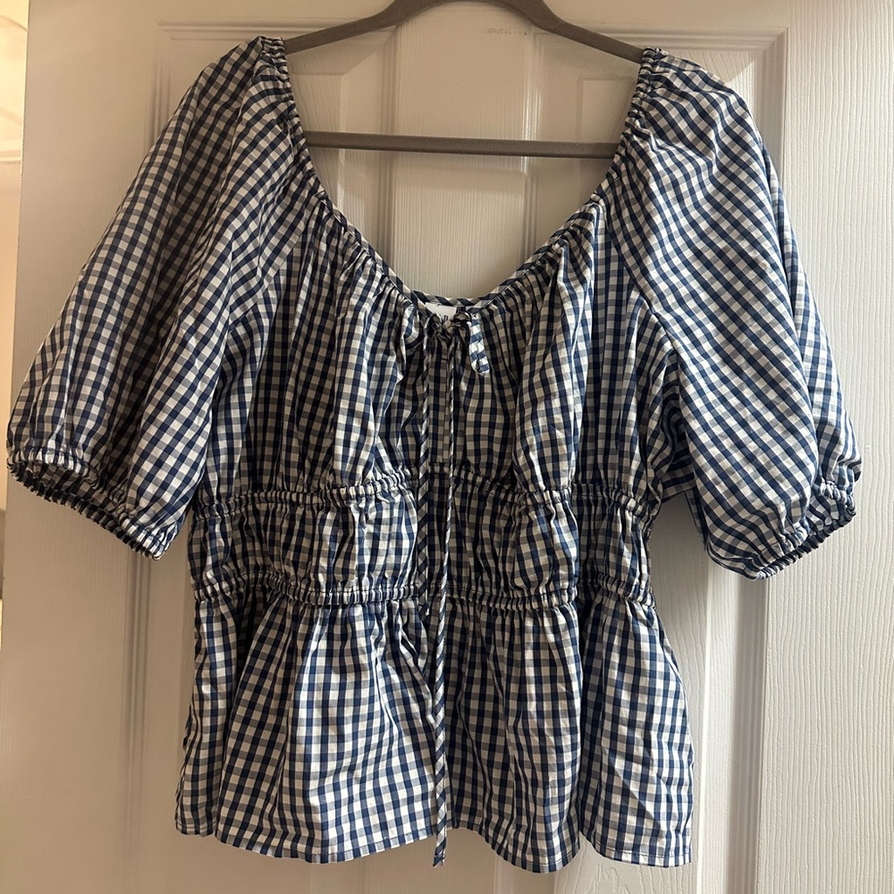 GAP Blue Gingham Puff Sleeve Women's Top